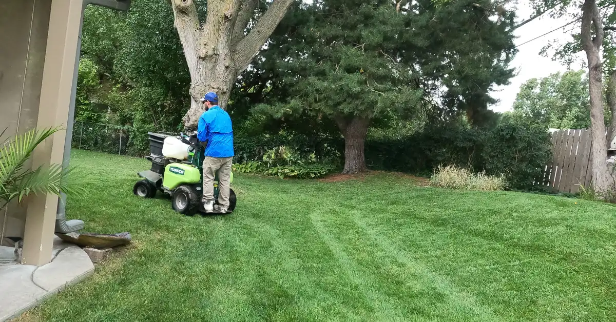 Yard Boss servicing a shaded back yard with mature trees in eastern Nebraska